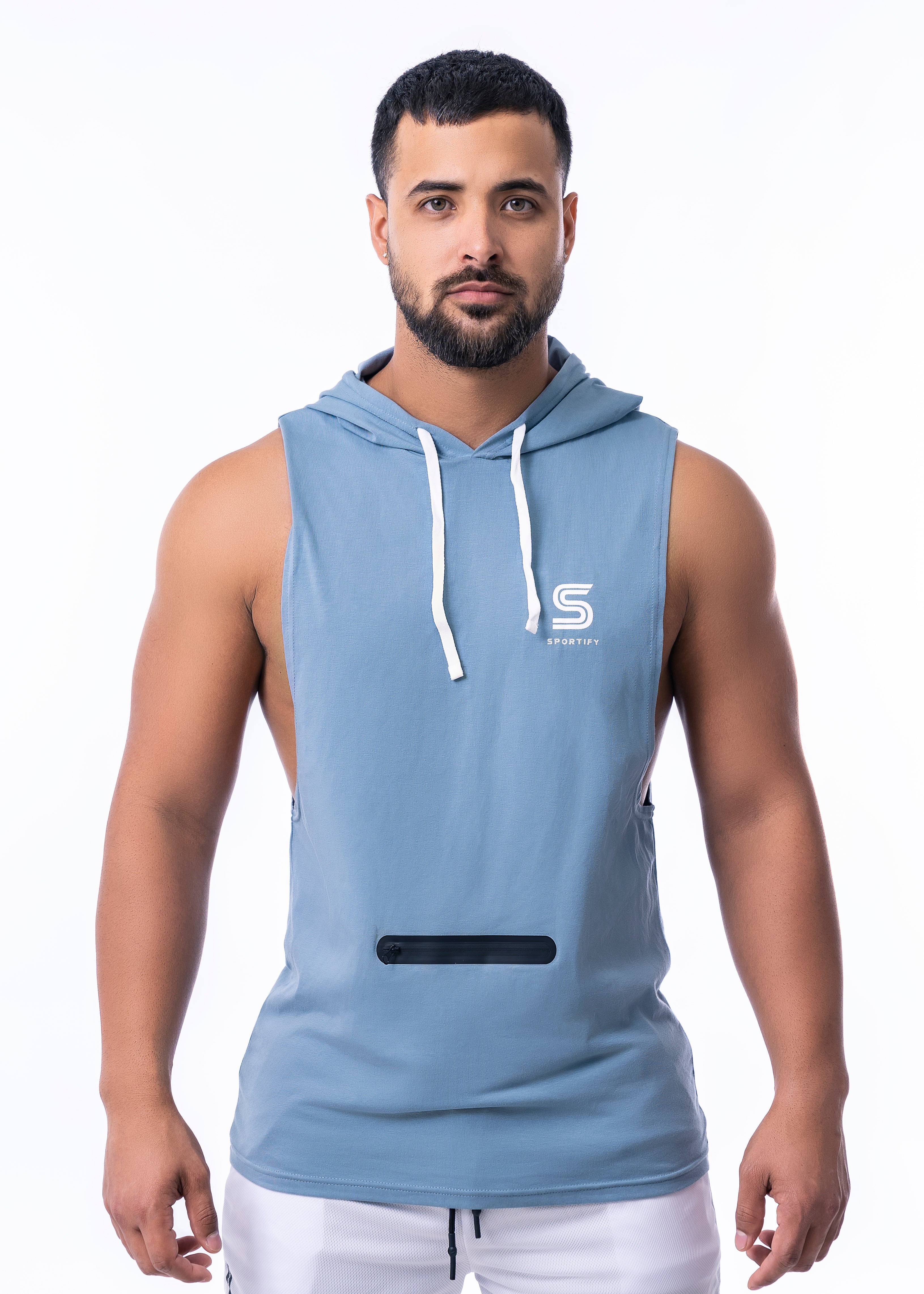 Drop Arm Hoodie Tank with Front Pocket Cadet Blue